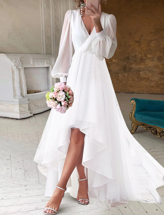 Bridal Shower Little White Dresses Casual Wedding Dresses A-Line V Neck Long Sleeve Asymmetrical Chiffon Bridal Gowns With Solid Color