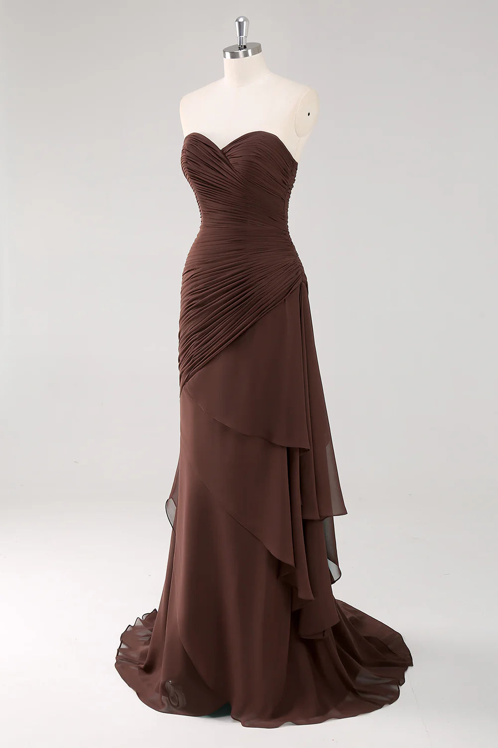 Dark Brown Sweetheart Ruched Long Formal Dress with Ruffles
