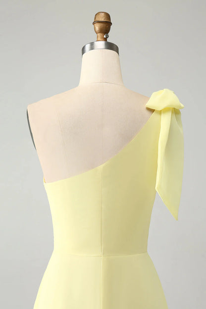 A Line One Shoulder Yellow Long Wedding Guest Dress With Slit