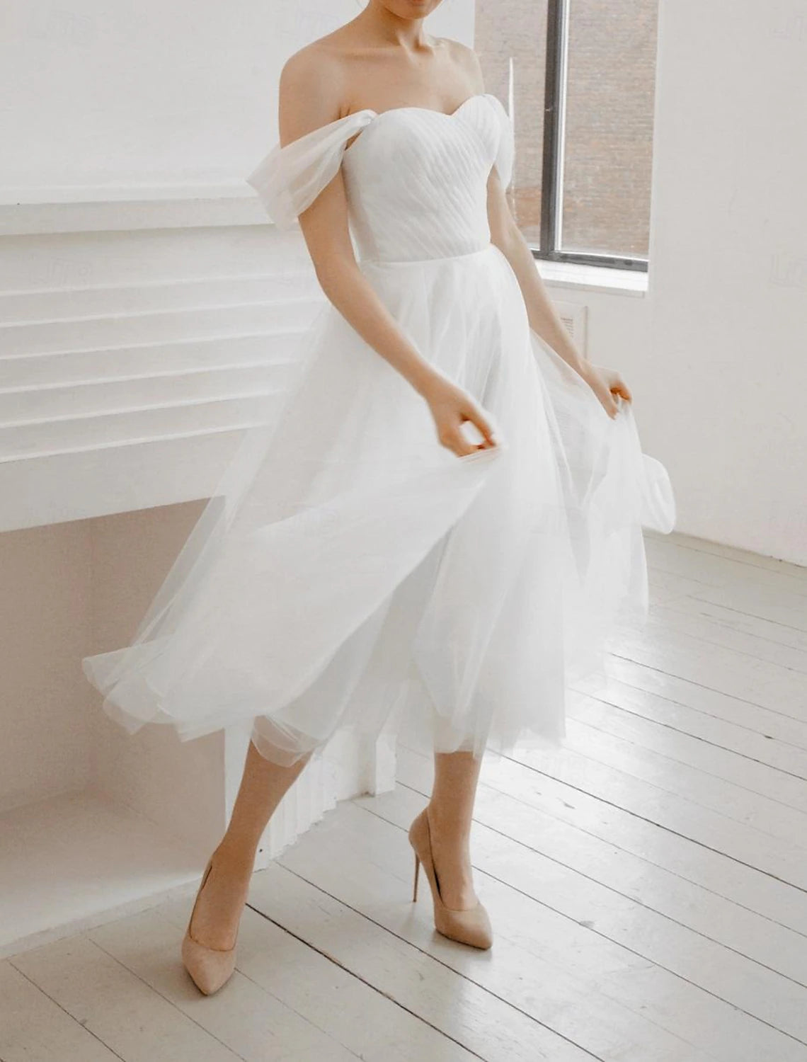 A-Line Little White Dress Wedding Dresses Graduation Dress Off Shoulder Sleeveless Tea Length Chiffon Bridal Gowns With Ruched