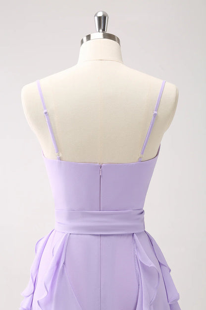 Lilac Chiffon Spaghetti Straps Long Bridesmaid Dress With Slit