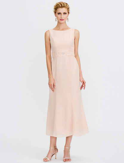 Beach Wedding Two Piece Sheath Mother of the Bride Dress Wedding Guest Elegant Plus Size Jewel Neck Tea Length Chiffon Sleeveless Wrap Included with Sash / Ribbon Pleats Beading