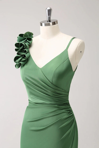 Olive Green Pleated Satin Bridesmaid Dress With Slit