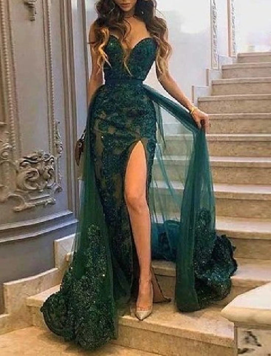 Mermaid Prom Dresses Emerald Green Dress Wedding Guest Court Train Sleeveless Strapless Tulle with Slit Appliques Masquerade Dress