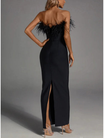 Column Black Wedding Guest Dresss Elegant Dress Formal Fall Ankle Length Sleeveless Strapless Stretch Fabric with Feather Slit dress