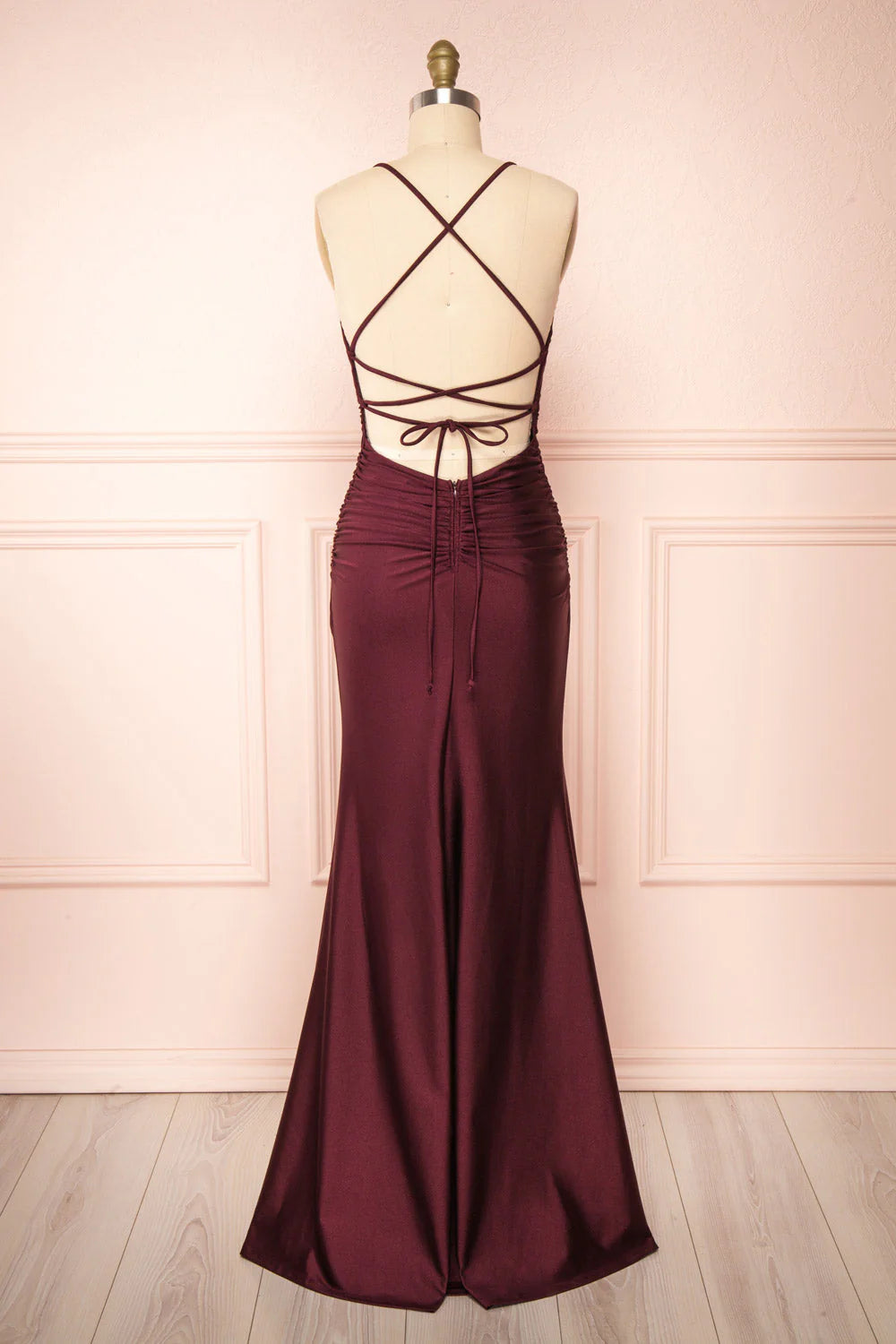 Burgundy Prom Dresses Sheath/Column Scoop Neck Silk-like Satin Floor-length Ruffles Bridesmaid Dresses