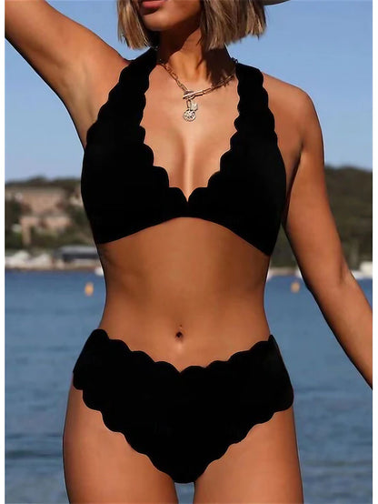 Women's Plus Size Swimwear Bikini 2 Piece Cheeky Swimsuit Backless Halter Vacation Sexy Pure Color V Wire Sleeveless Bathing Suits