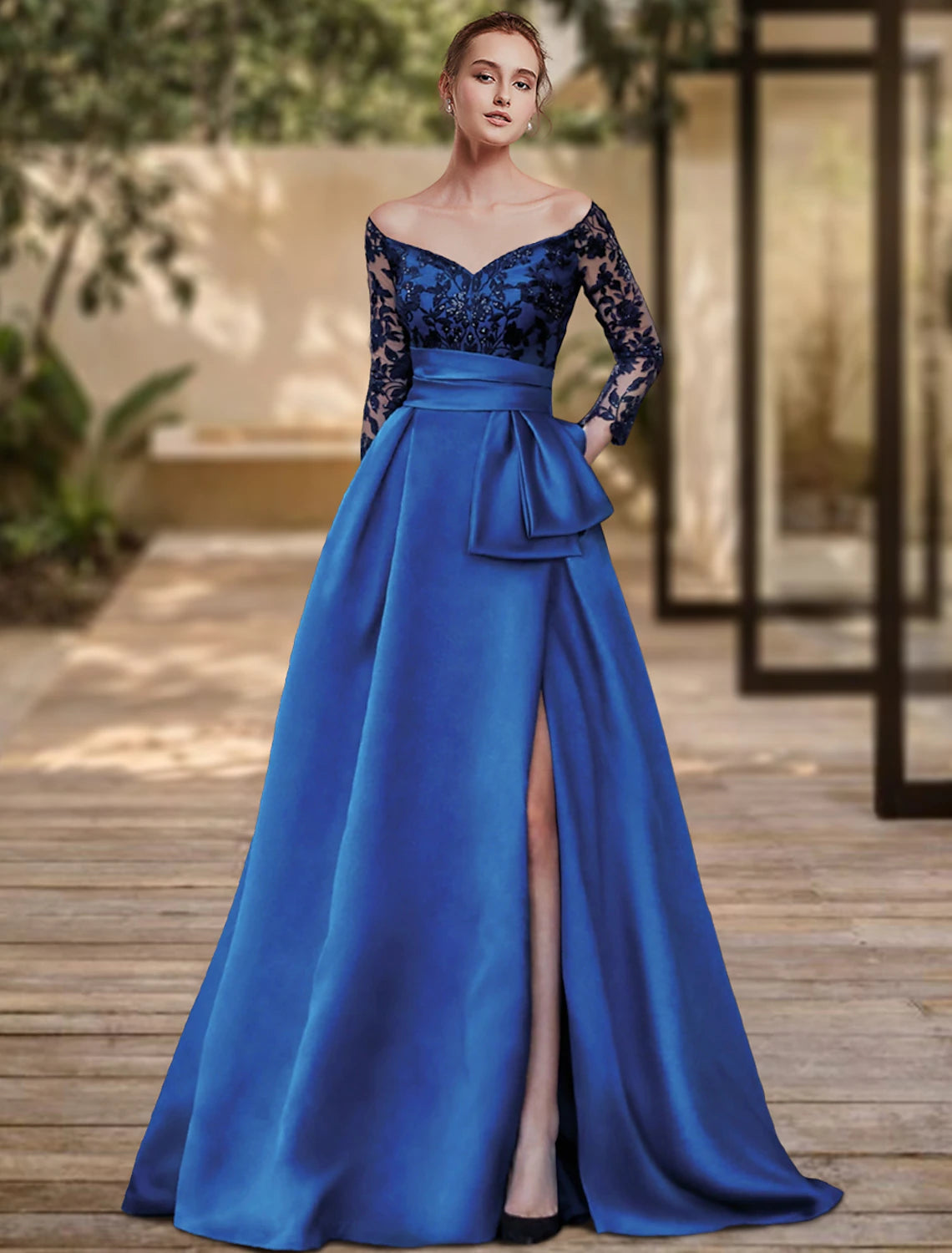 Sheath / Column Evening Gown High Split Dress Formal Wedding Guest Sweep / Brush Train 3/4 Length Sleeve Off Shoulder  with Bow(s) Sequin Slit dress