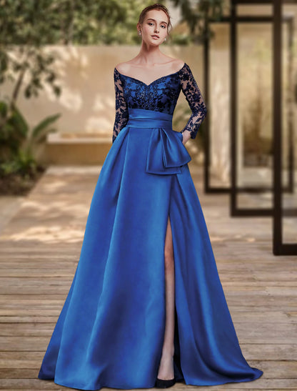 Sheath / Column Evening Gown High Split Dress Formal Wedding Guest Sweep / Brush Train 3/4 Length Sleeve Off Shoulder  with Bow(s) Sequin Slit dress