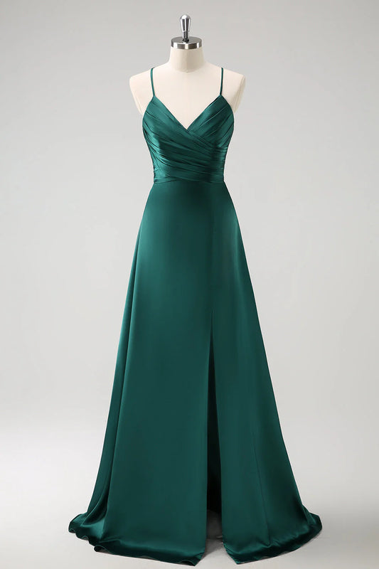 Dark Green A-Line Spaghetti Straps Ruched Lace-Up Back Satin Long Bridesmaid Dress