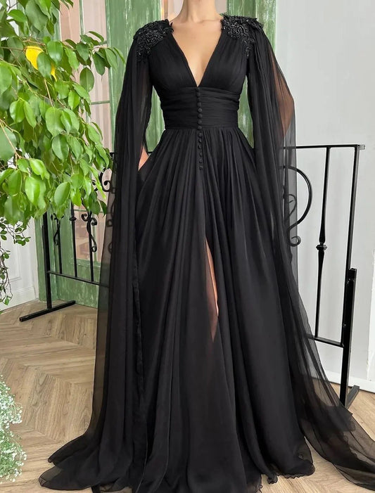 Evening Gown Black Dress Formal Masquerade Long Sleeve V Neck Chiffon with Buttons Slit Appliques dress