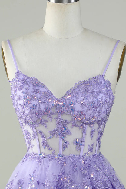 Sparkly Spaghetti Straps Sequins Purple Short Homecoming Dress