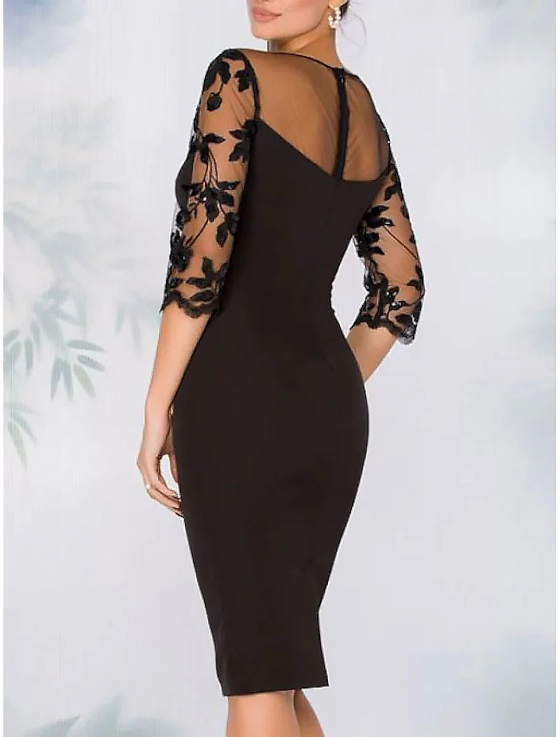 Sheath Cocktail Elegant Dress Fall Wedding Guest Dress Long Sleeve Black Dress Midi Dress Floral Embroidery Illusion Neck With Beading Lace dress