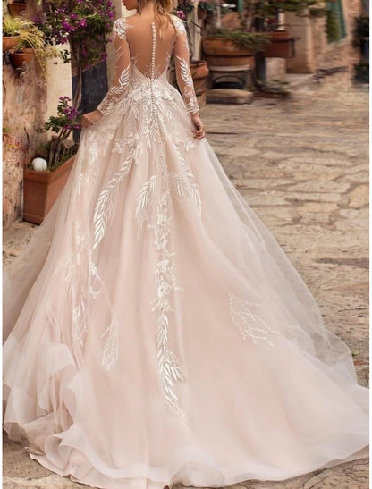 Formal Wedding Dresses A-Line V Neck Long Sleeve Court Train Tulle Bridal Gowns With Pleats Appliques