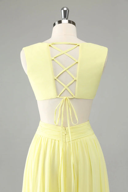 Lemon Yellow A Line Cut Out Long Bridesmaid Dress With Ruffles