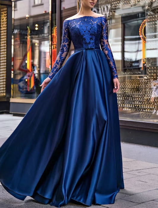 A-Line Evening Gown Party Dress Elegant Dress Wedding Guest Fall Floor Length Long Sleeve Off Shoulder Belt / Sash Satin with Appliques dress