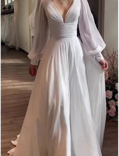 Simple Wedding Dresses Little White Dresses Wedding Dresses A-Line V Neck Long Sleeve Court Train Chiffon Bridal Gowns With Pleats Ruched