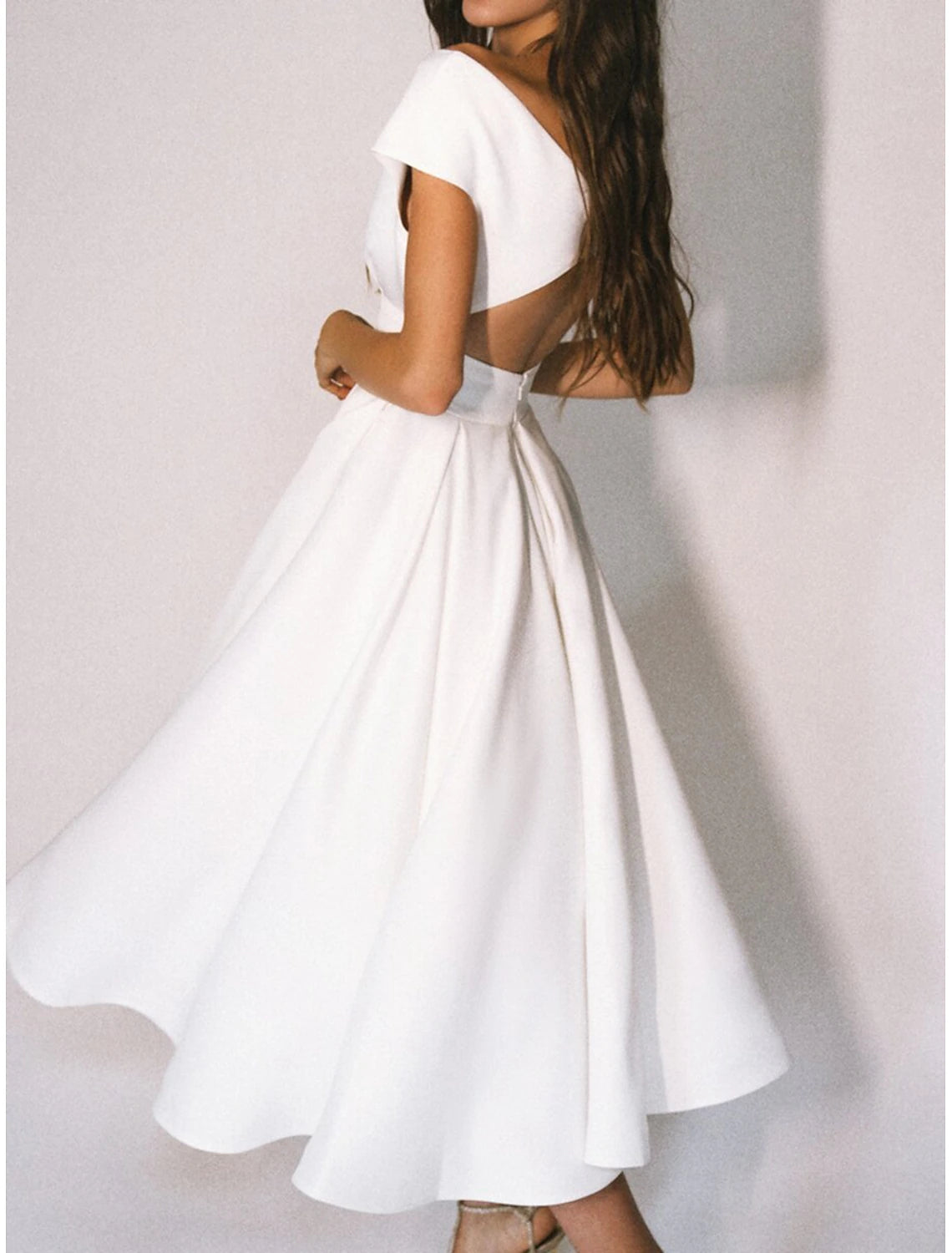 Reception Little White Dresses Simple Wedding Dresses A-Line V Neck Cap Sleeve Tea Length Chiffon Bridal Gowns With Pleats