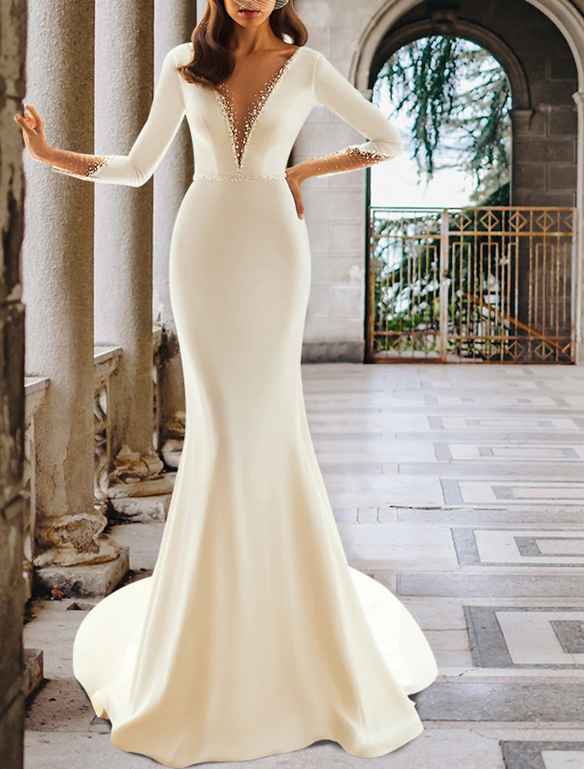 Formal Wedding Dresses Mermaid V Neck Long Sleeve Court Train Satin Bridal Gowns With Crystals Beading