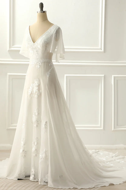 Engagement Formal Wedding Dress A-line V neck Floor-length Ivory Appliques