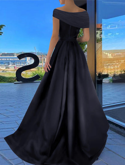 A-Line Prom Dresses Black Dress Formal Wedding Party Floor Length Short Sleeve Off Shoulder Satin with Ruched Slit dress to impress