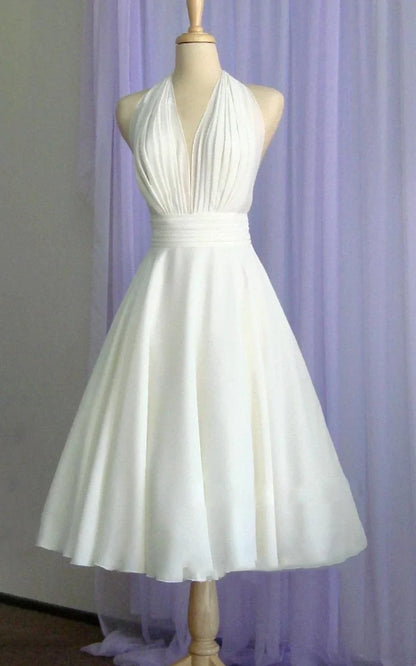 Vintage Tea-Length Chiffon Wedding Dress With Halter Neck and Bow