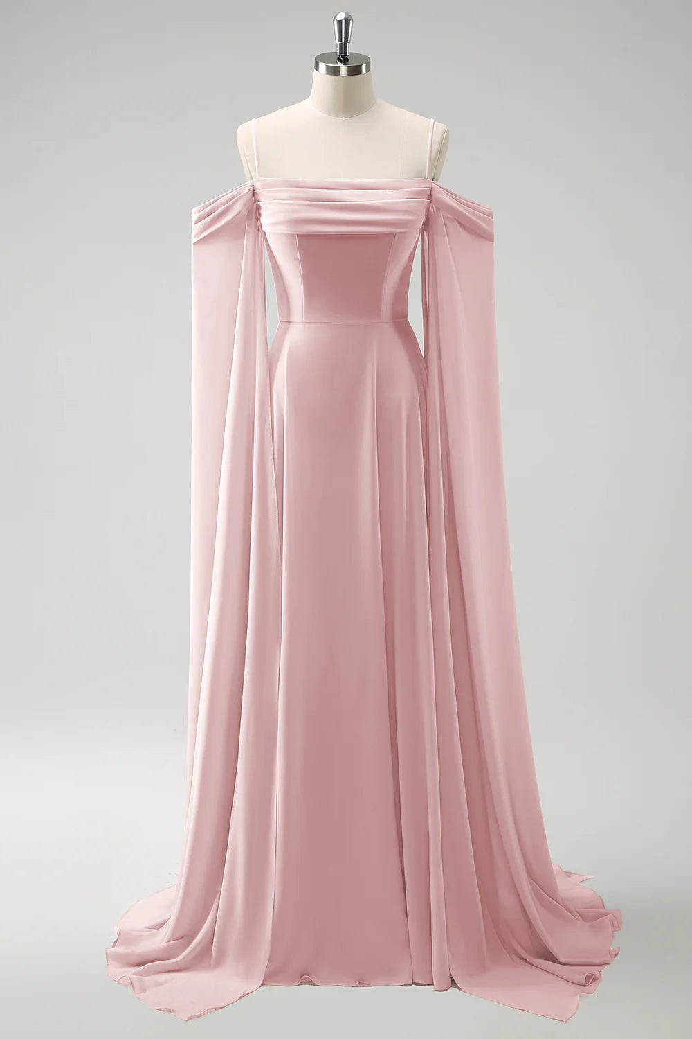 Blush Pink Cold Shoulder A-Line Long Bridesmaid Dress with Detachable Sleeves