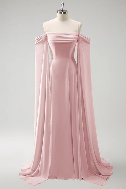 Blush Pink Cold Shoulder A-Line Long Bridesmaid Dress with Detachable Sleeves