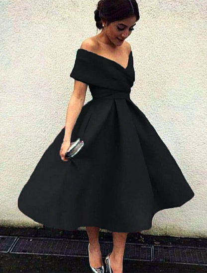 A-Line Cocktail Dresses Elegant Dress Wedding Guest Homecoming Tea Length Short Sleeve V Neck Stretch Fabric V Back with Pleats