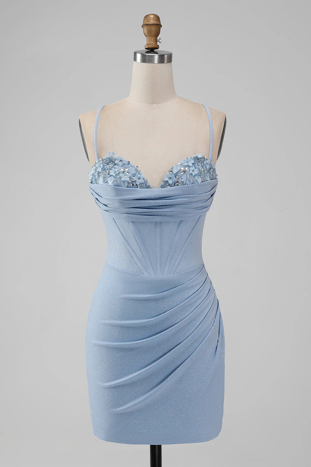 Light Blue Bodycon Corset Spaghetti Straps Short Homecoming Dress