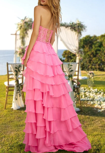 A-Line/Princess Strapless Long Prom Evening Party Dresses with Sequins & Split Side