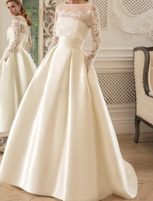 Engagement Vintage Formal Wedding Dresses A-Line Illusion Neck Long Sleeve Floor Length Satin Bridal Gowns