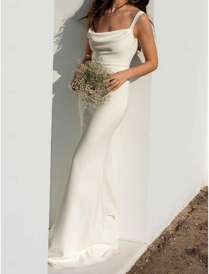 Engagement Wedding Dresses Sheath / Column Camisole Spaghetti Strap Court Train Satin Bridal Gowns With Beading Solid Color