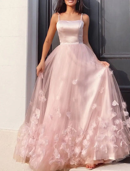 A-Line Prom Dresses Floral Dress Performance Wedding Guest Floor Length Sleeveless Spaghetti Strap Tulle with Pleats Appliques Masquerade Dress