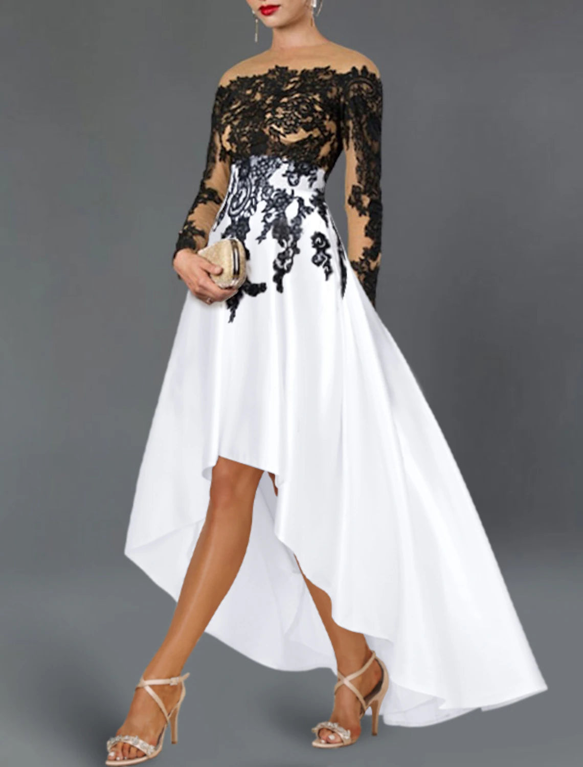 A-Line Cocktail Dresses Elegant Dress Wedding Party Semi Formal Asymmetrical Long Sleeve Off Shoulder Fall Wedding Guest Satin with Beading Embroidery Appliques dress