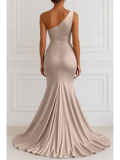 Mermaid Trumpet Court Train Evening Gown Elegant Sleeveless One Shoulder Wedding Formal Pink Dress Stretch Satin with Pleats