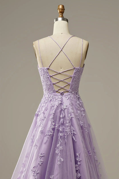 A-Line Spaghetti Straps Purple Long Prom Dress