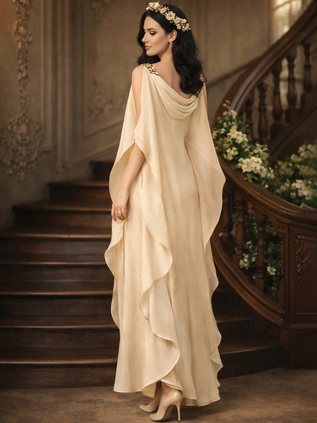Sheath Column Floor Length Party Dress Cocktail Dress Wedding Guest Dress Mother of the Bride Dress Half Sleeve Jewel Neck Elegant Plus Size Wedding Guest Chiffon with Beading Cascading Ruffles