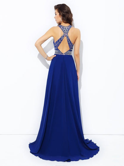 A-line/Princess Scoop Beading Sleeveless Long Chiffon Dresses