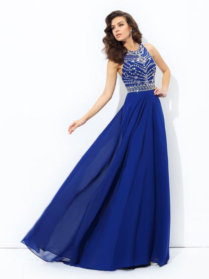 A-line/Princess Scoop Beading Sleeveless Long Chiffon Dresses