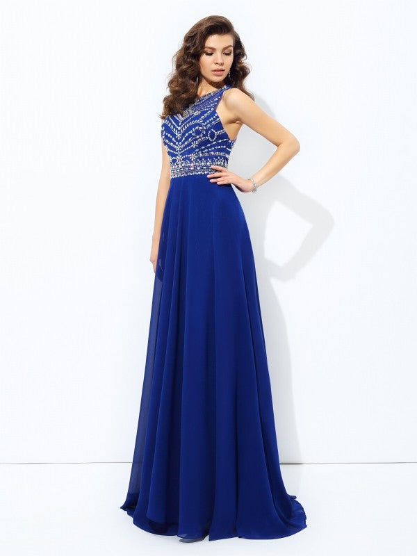 A-line/Princess Scoop Beading Sleeveless Long Chiffon Dresses