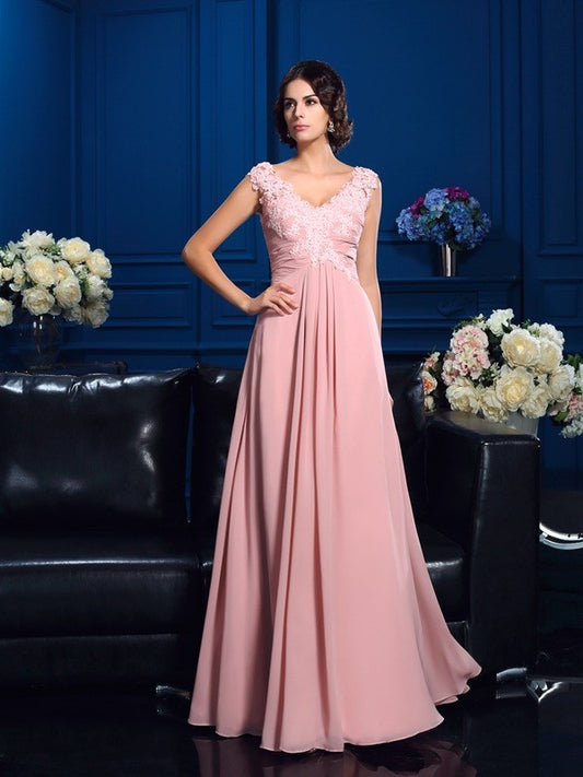 A-Line/Princess V-neck Applique Sleeveless Long Chiffon Mother of the Bride Dresses