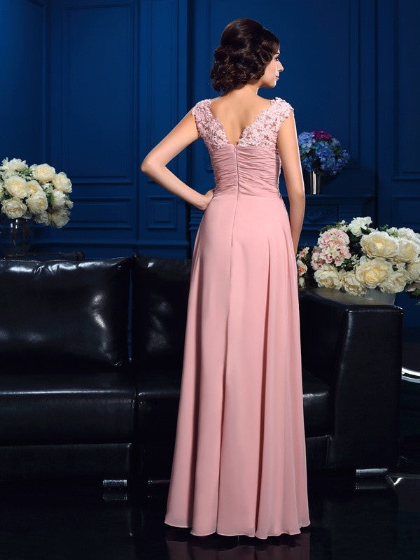 A-Line/Princess V-neck Applique Sleeveless Long Chiffon Mother of the Bride Dresses