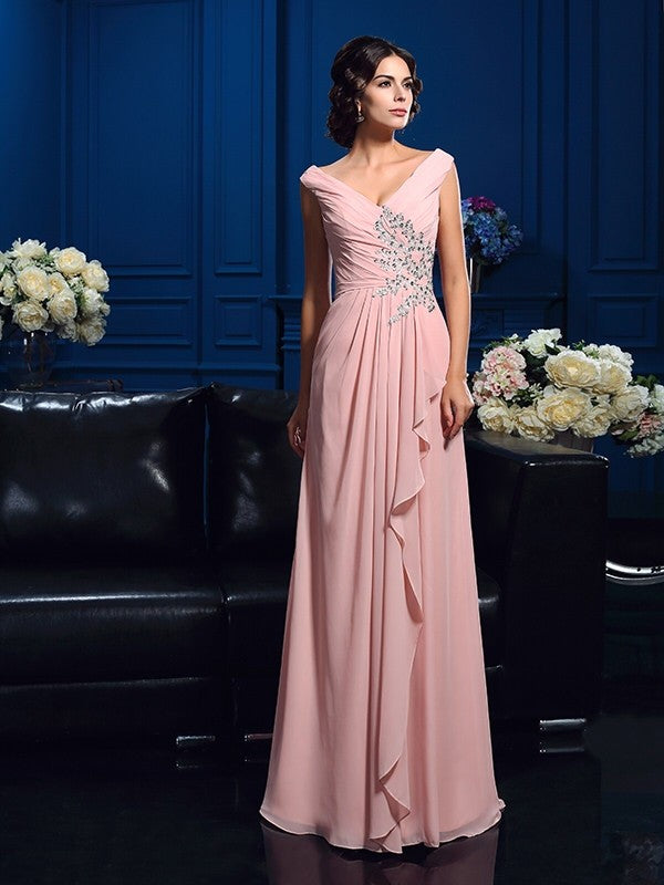 A-Line/Princess V-neck Beading Sleeveless Long Chiffon Mother of the Bride Dresses