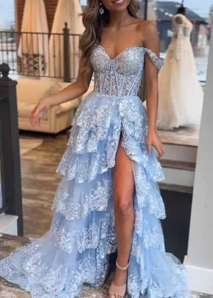 A-Line Lace Off-the-Shoulder Tiered Long Prom Dress with Slit