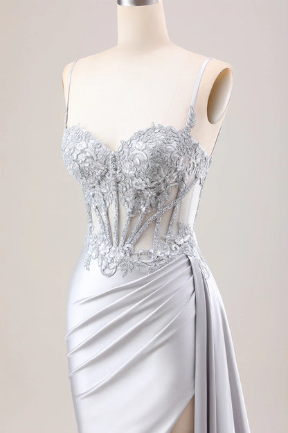 Silver Mermaid Pleated Sheer Long Corset Satin Prom Dress With Slit