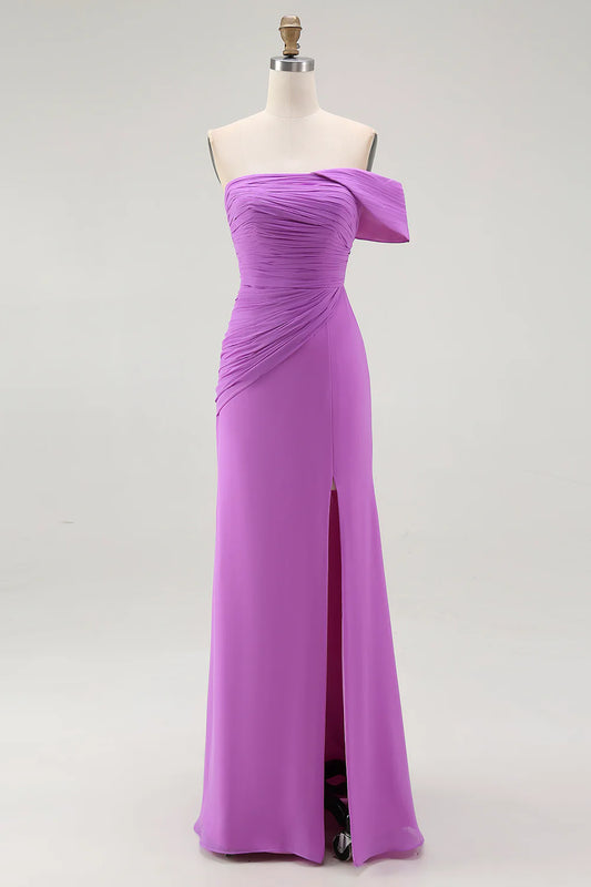 Purple One Shoulder Ruched Mermaid Long Formal Dress with Slit