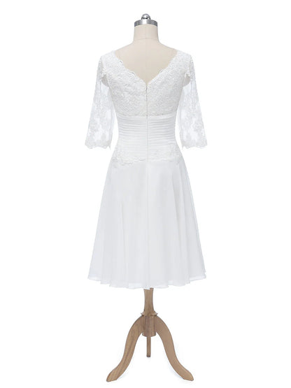 A-Line/Princess Scoop Half Sleeves Chiffon With Pleats Applique Short Wedding Dresses