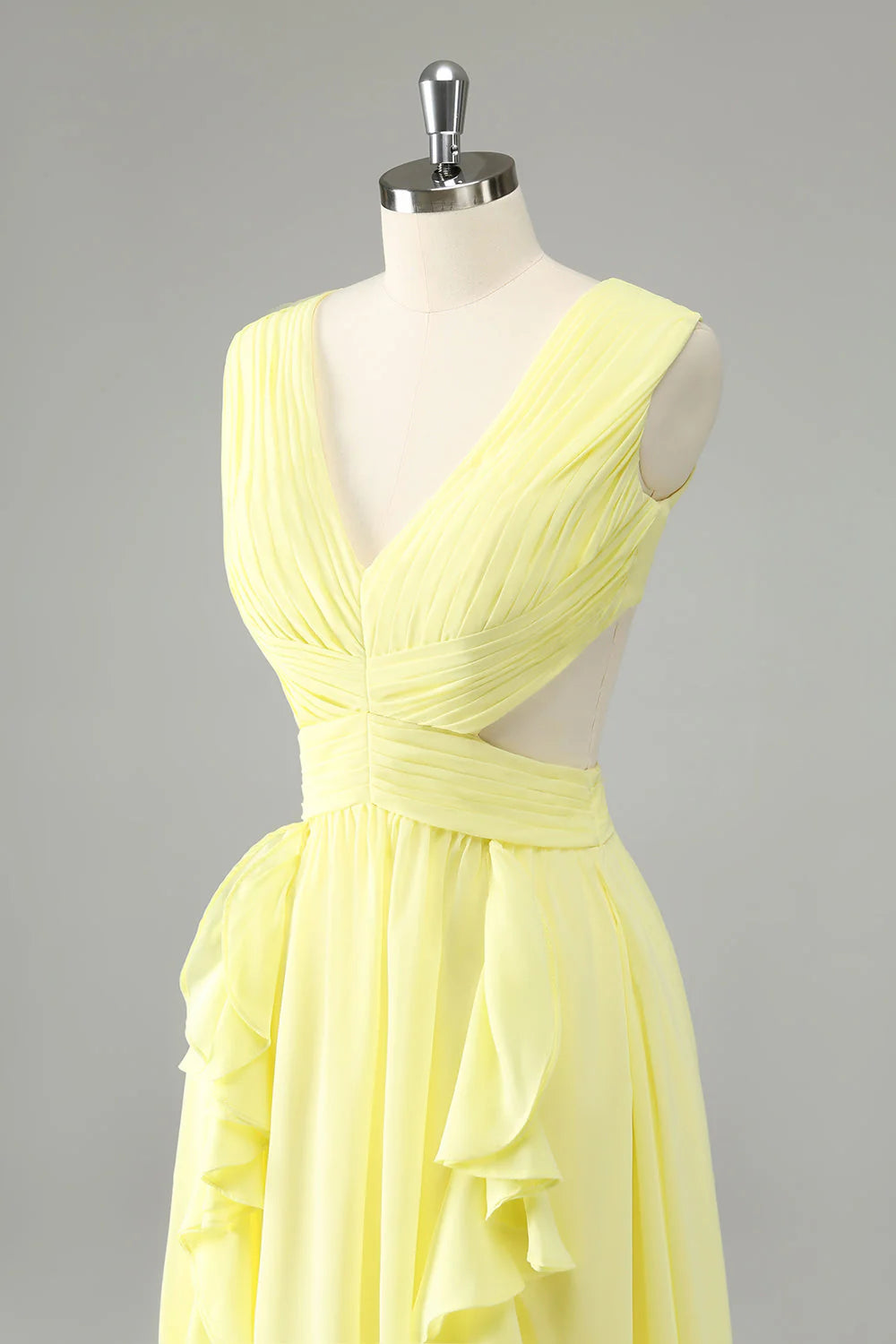 Lemon Yellow A Line Cut Out Long Bridesmaid Dress With Ruffles