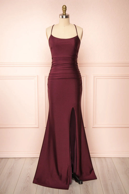 Burgundy Prom Dresses Sheath/Column Scoop Neck Silk-like Satin Floor-length Ruffles Bridesmaid Dresses